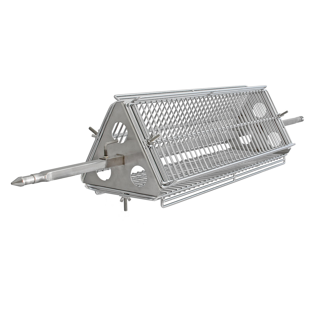 Panier de gril en inox, forme triangulaire, maillage fin, avec tige centrale pour rôtir viandes et légumes, finition brillante
