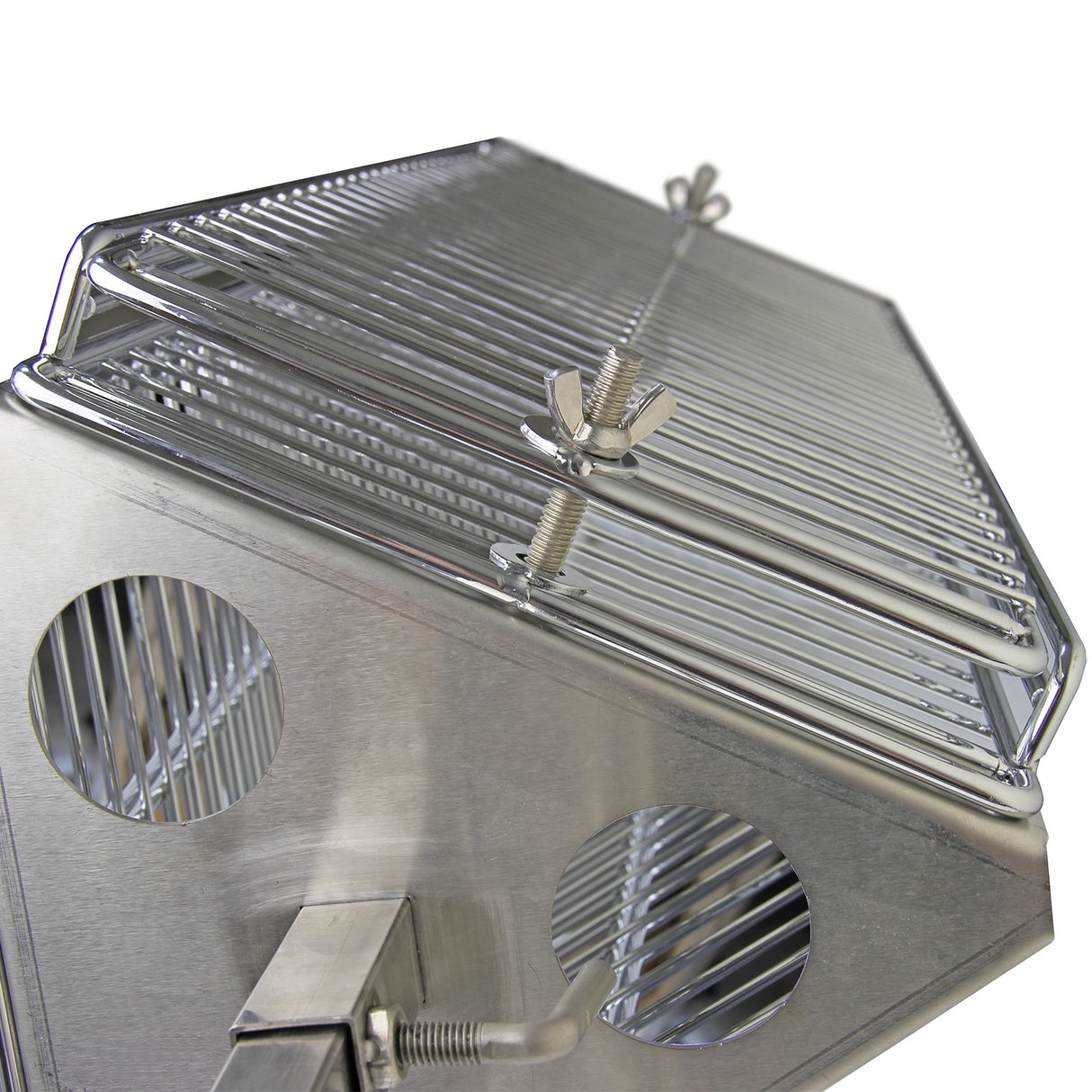 Panier de gril en inox brillant, forme hexagonale, avec grilles en acier et vis de fixation, idéal pour la cuisson en rôtissoire
