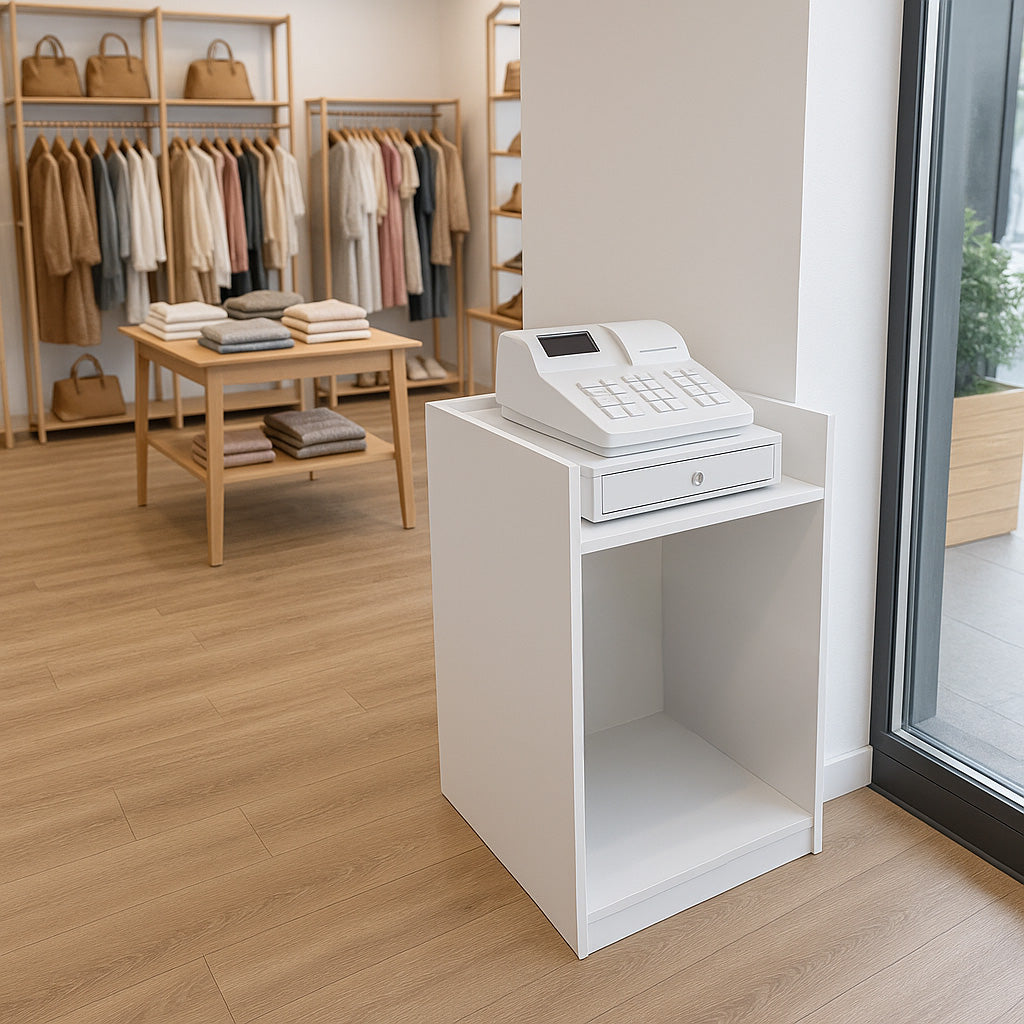 Comptoir de vente blanc pour caisse enregistreuse, design moderne avec tiroir, situé dans un magasin élégant avec vêtements en arrière-plan