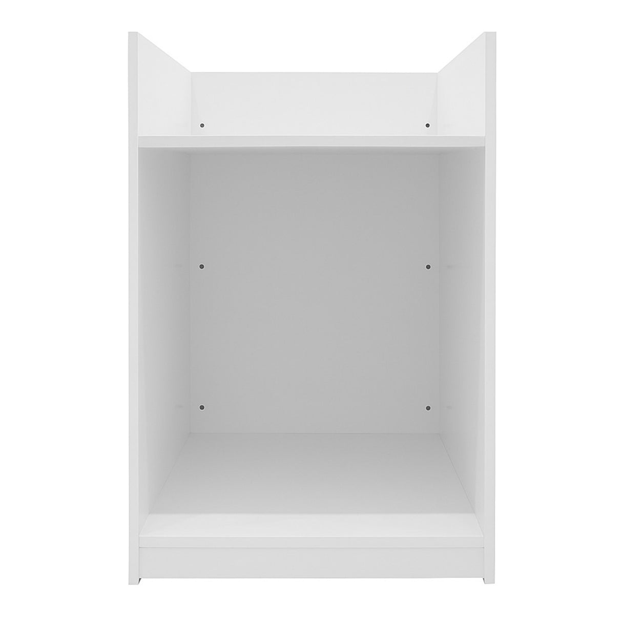 Comptoir de vente pour caisse enregistreuse en blanc, design épuré, surface lisse, avec deux étagères et un espace de rangement spacieux