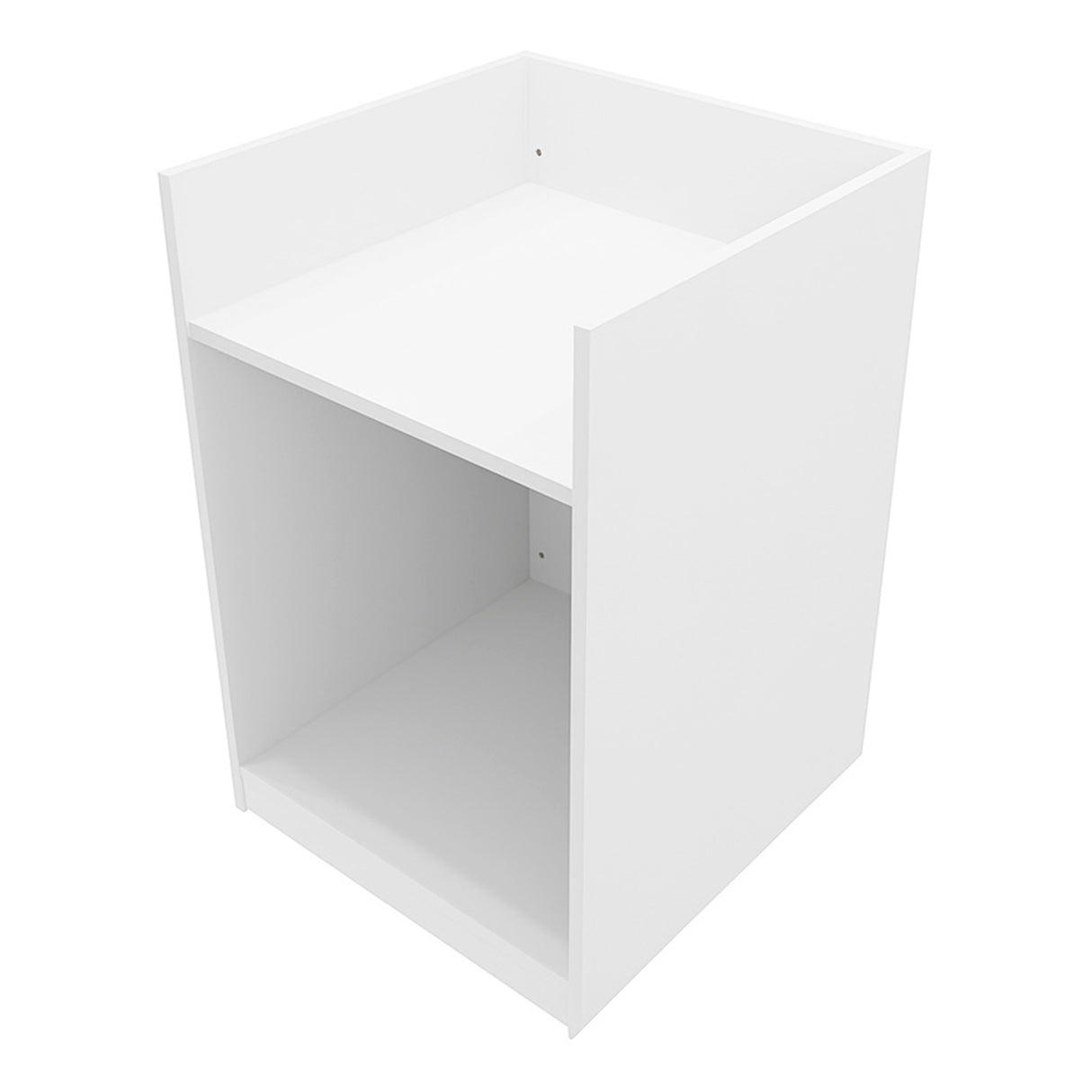 Comptoir de vente pour caisse enregistreuse, blanc, design moderne, surface lisse, espace de rangement ouvert en dessous