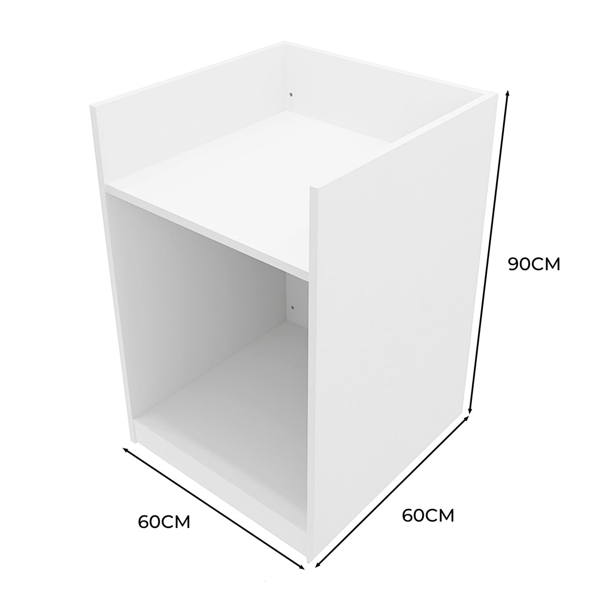 Comptoir de vente pour caisse enregistreuse, finition blanche, dimensions 60 cm x 60 cm x 90 cm, design moderne et épuré