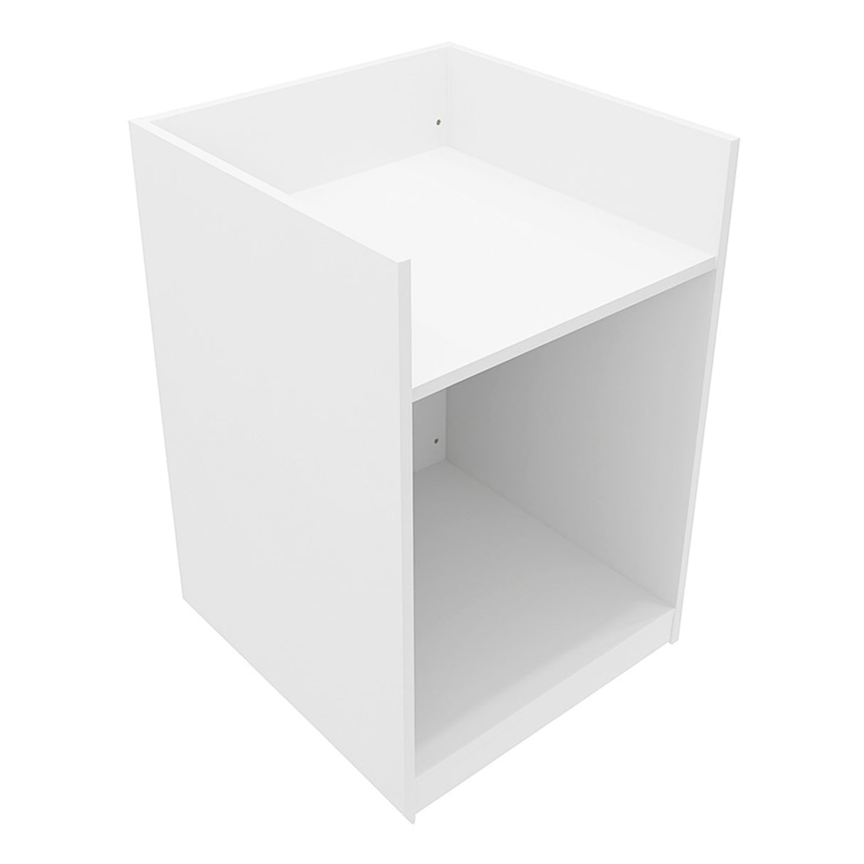 Comptoir de vente pour caisse enregistreuse en blanc, design moderne avec surface lisse et espace de rangement ouvert en dessous