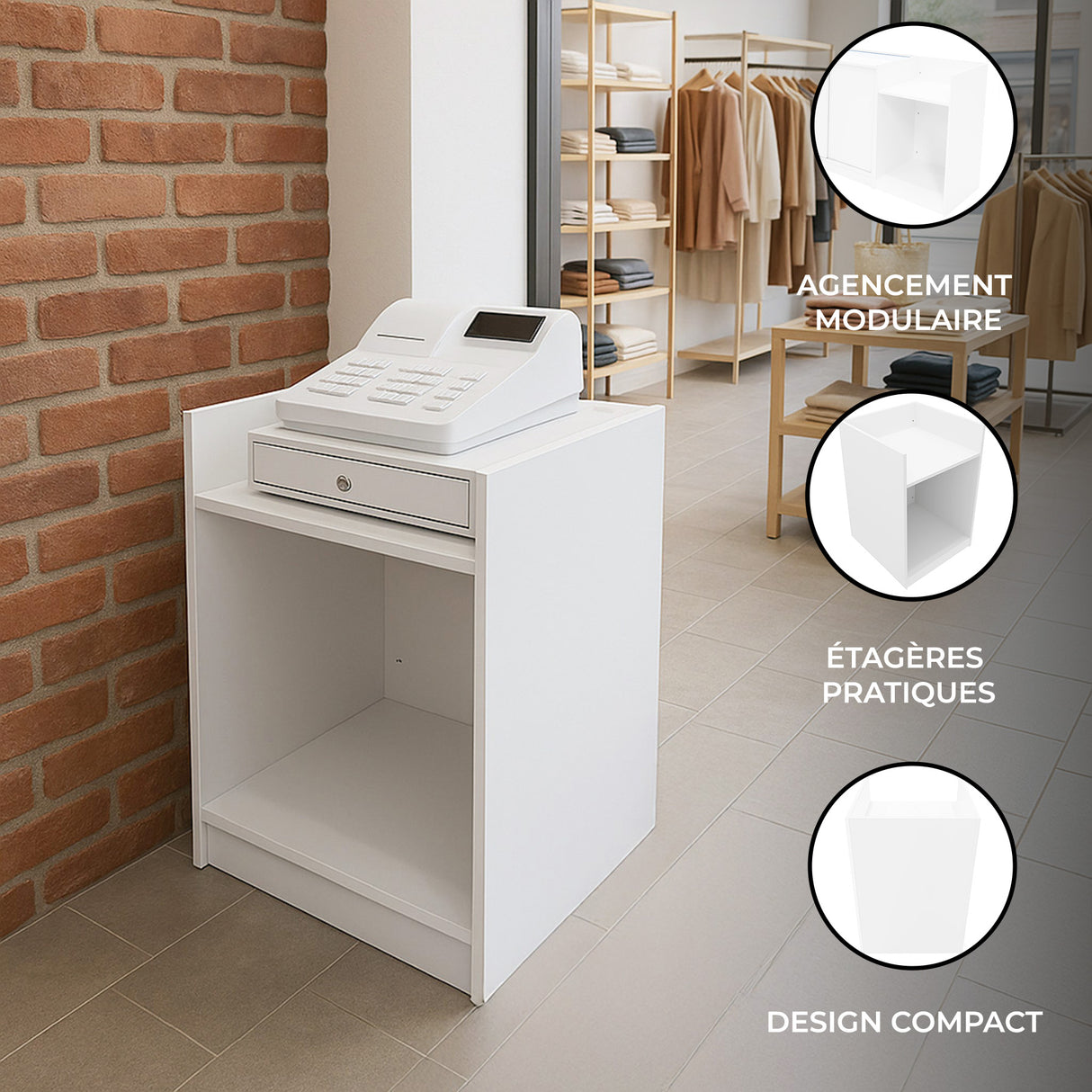 Comptoir de vente blanc pour caisse enregistreuse, design compact avec tiroir, idéal pour agencement modulaire et espaces pratiques