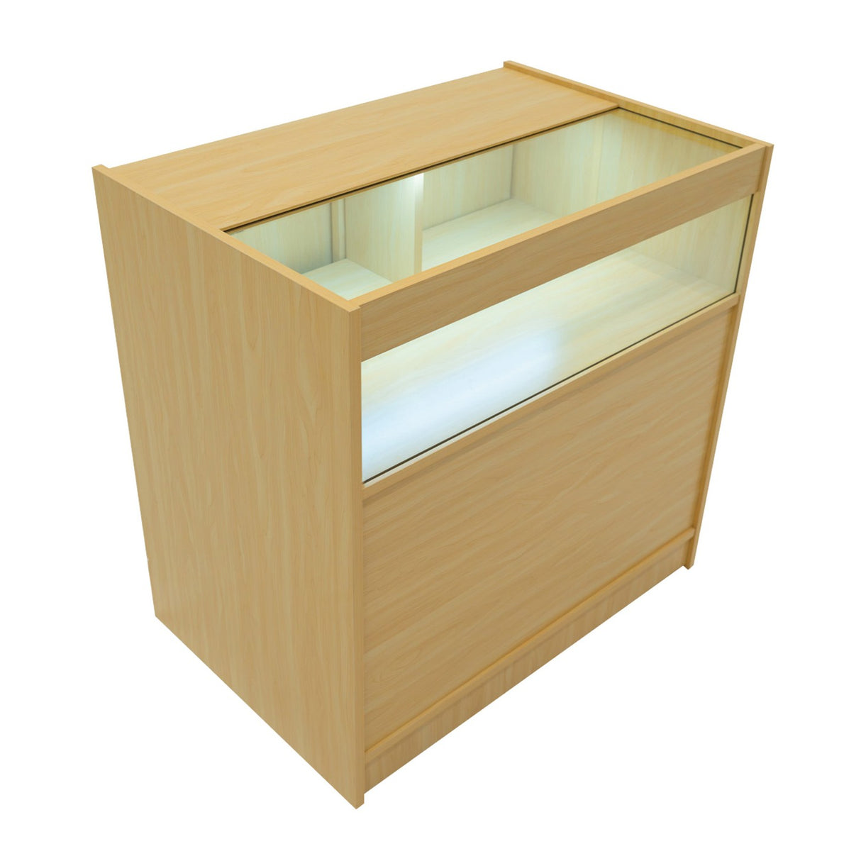 Comptoir de vente en érable B900 avec éclairage LED, finition lisse, surface claire et design moderne, idéal pour exposer des produits