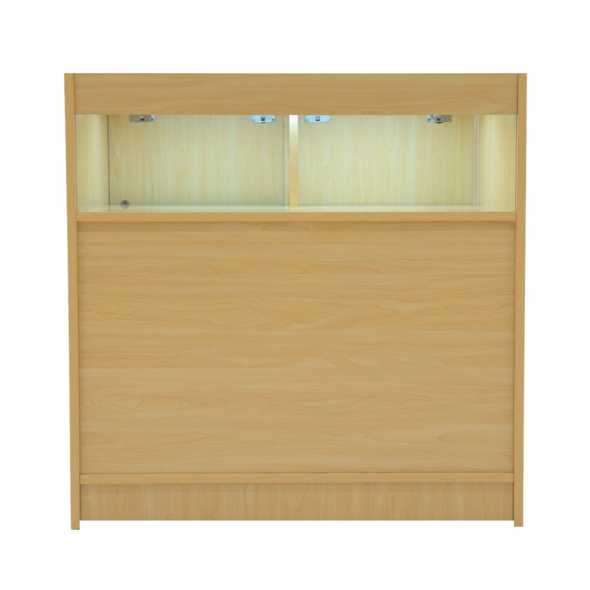 Comptoir de vente en érable clair avec éclairage LED, surface lisse et moderne, design épuré et fonctionnel pour un espace de vente élégant