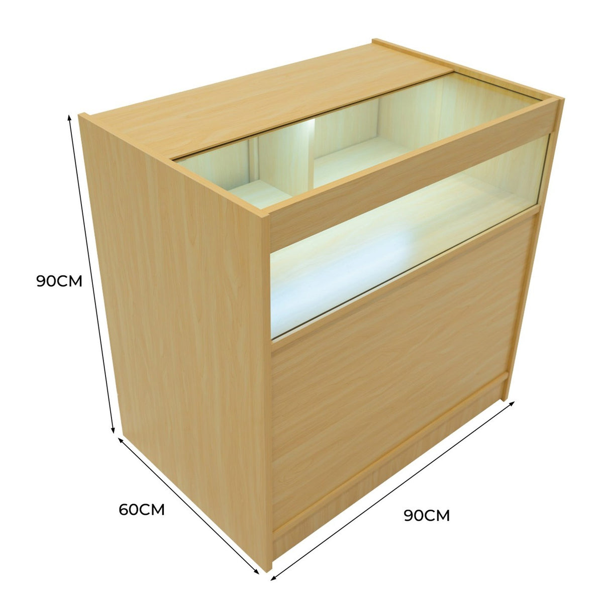 Comptoir de vente en érable clair avec éclairage LED, dimensions 90 cm de large, 90 cm de haut et 60 cm de profondeur, surface lisse et moderne