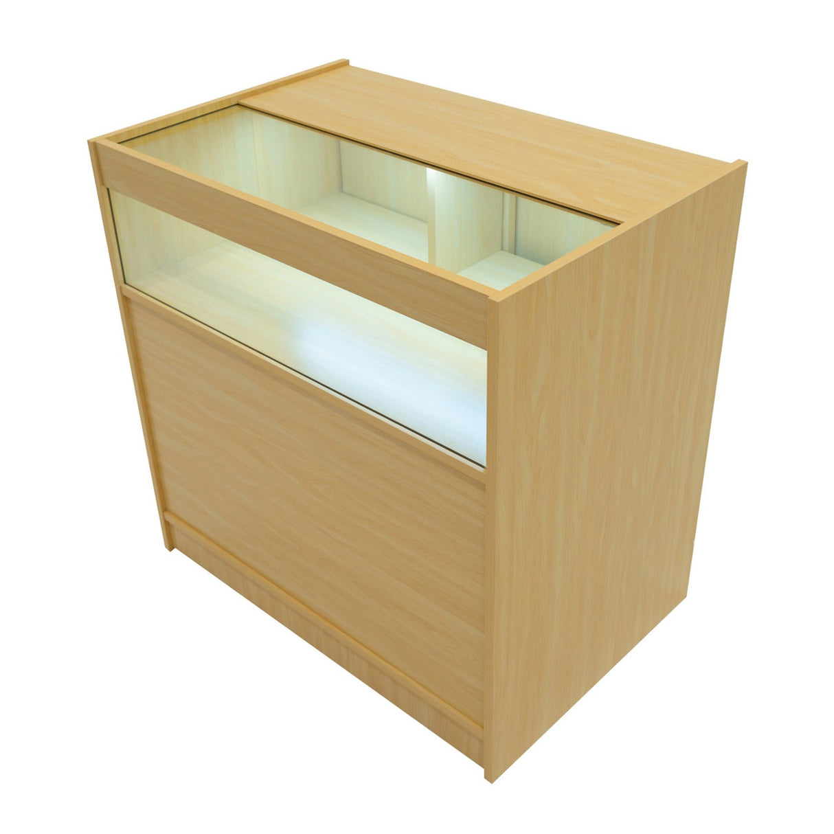 Comptoir de vente en érable clair avec éclairage LED, surface lisse, tiroir intégré et vitrine en verre pour une présentation élégante