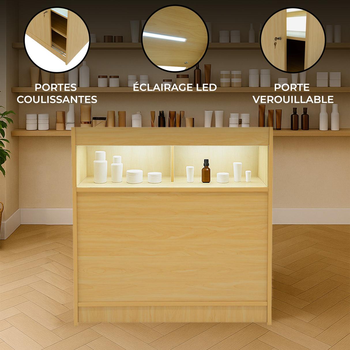 Comptoir de vente en érable B900 avec éclairage LED, portes coulissantes et espace de rangement, finition lisse et moderne