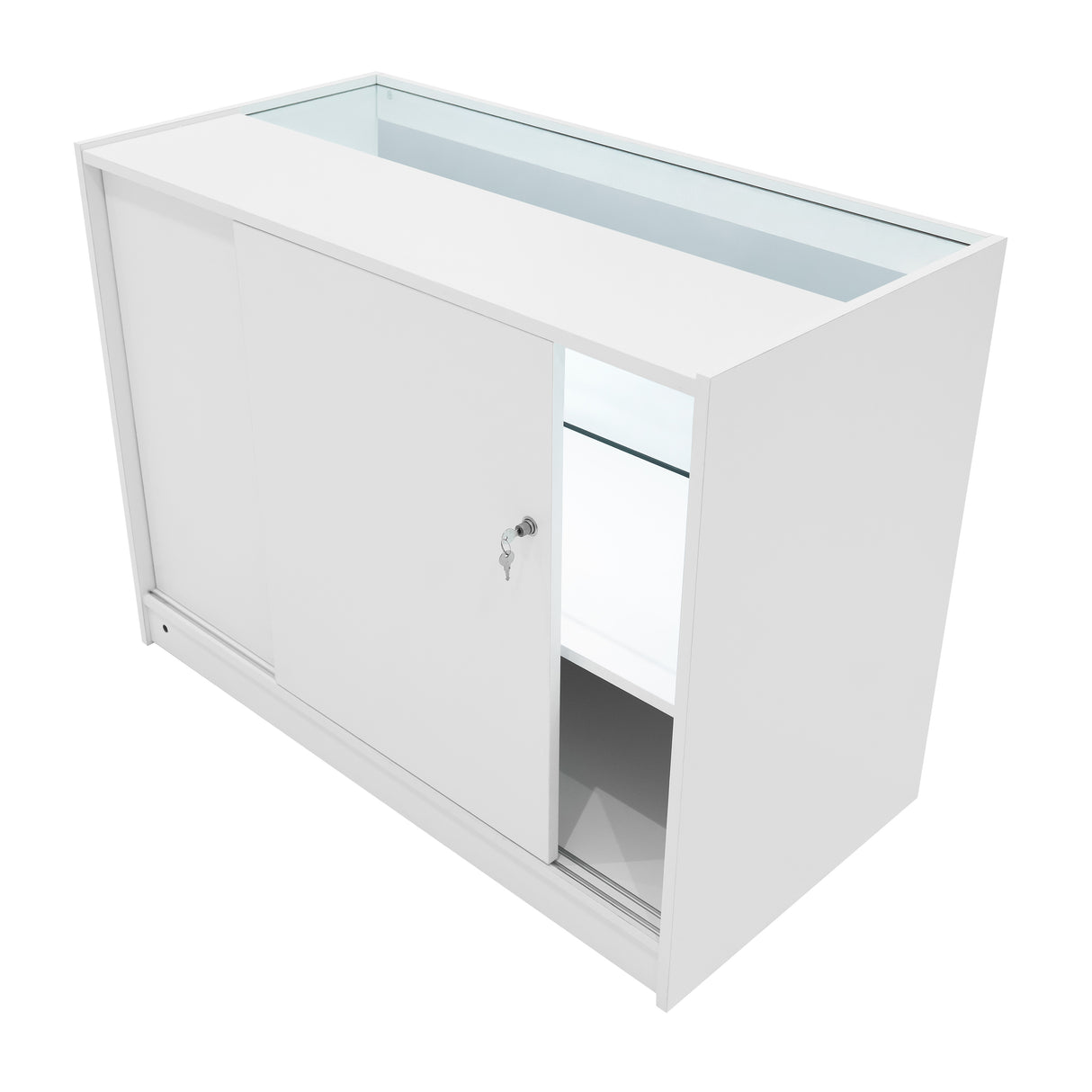 Comptoir de vente à LED blanc, design moderne, surface lisse, portes coulissantes, éclairage intégré pour mettre en valeur les produits