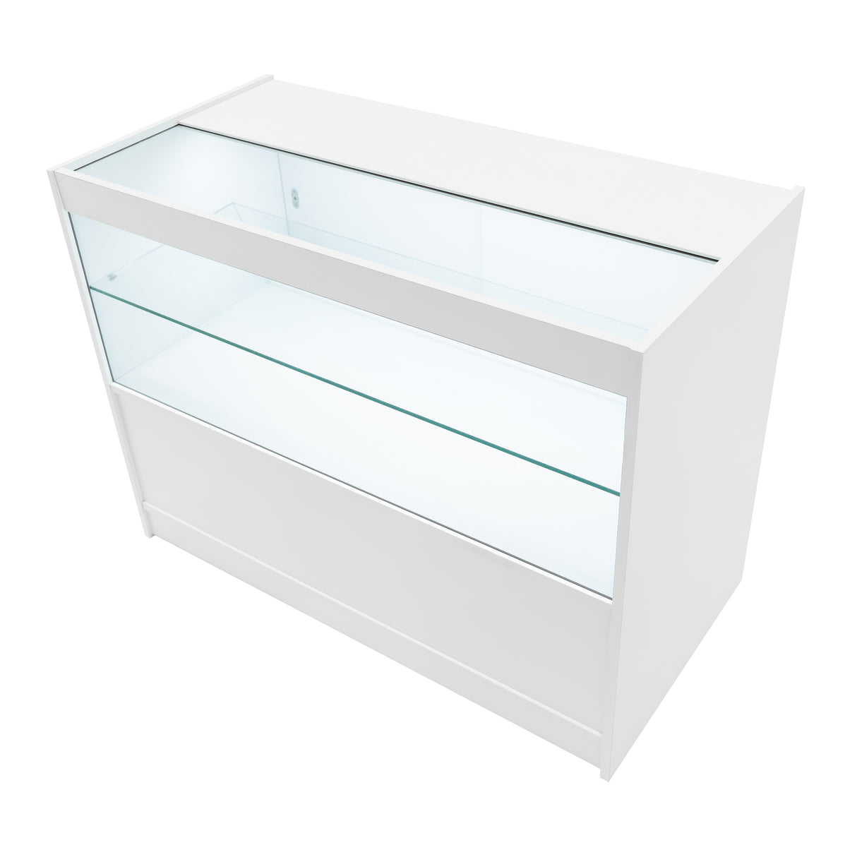 Vitrine de vente à LED blanche, design moderne avec verre transparent, offrant un éclairage intérieur et un espace de présentation spacieux