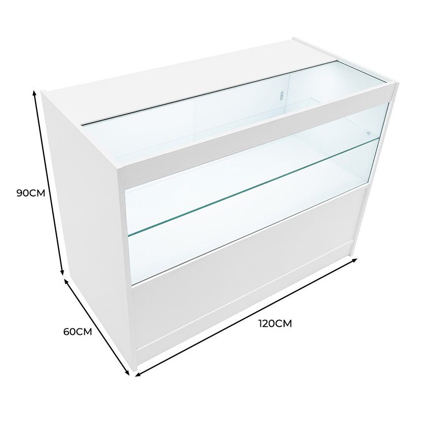 Vitrine de vente à LED blanche, dimensions 120 cm x 60 cm x 90 cm, avec un design moderne et un éclairage intérieur lumineux