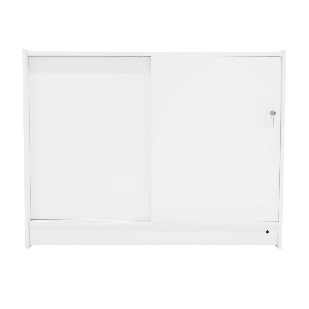 Comptoir de vente à LED blanc, finition lisse, avec une porte coulissante et un design moderne, idéal pour un espace commercial