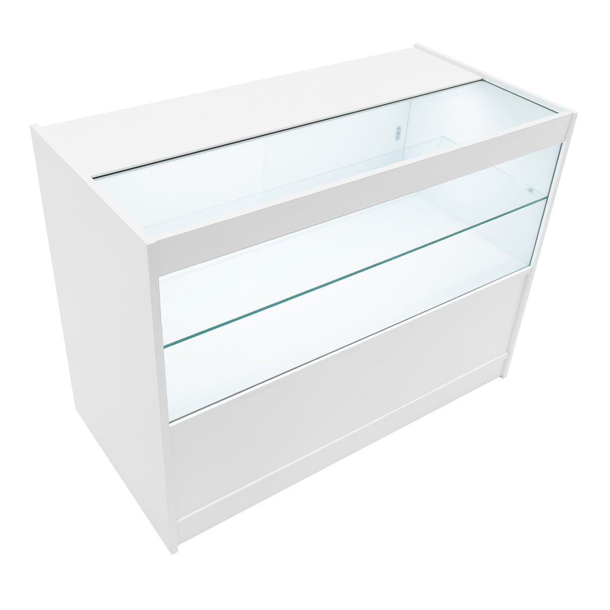 Vitrine de comptoir à LED blanche, avec un design moderne, surface lisse, étagères en verre transparent et éclairage intégré