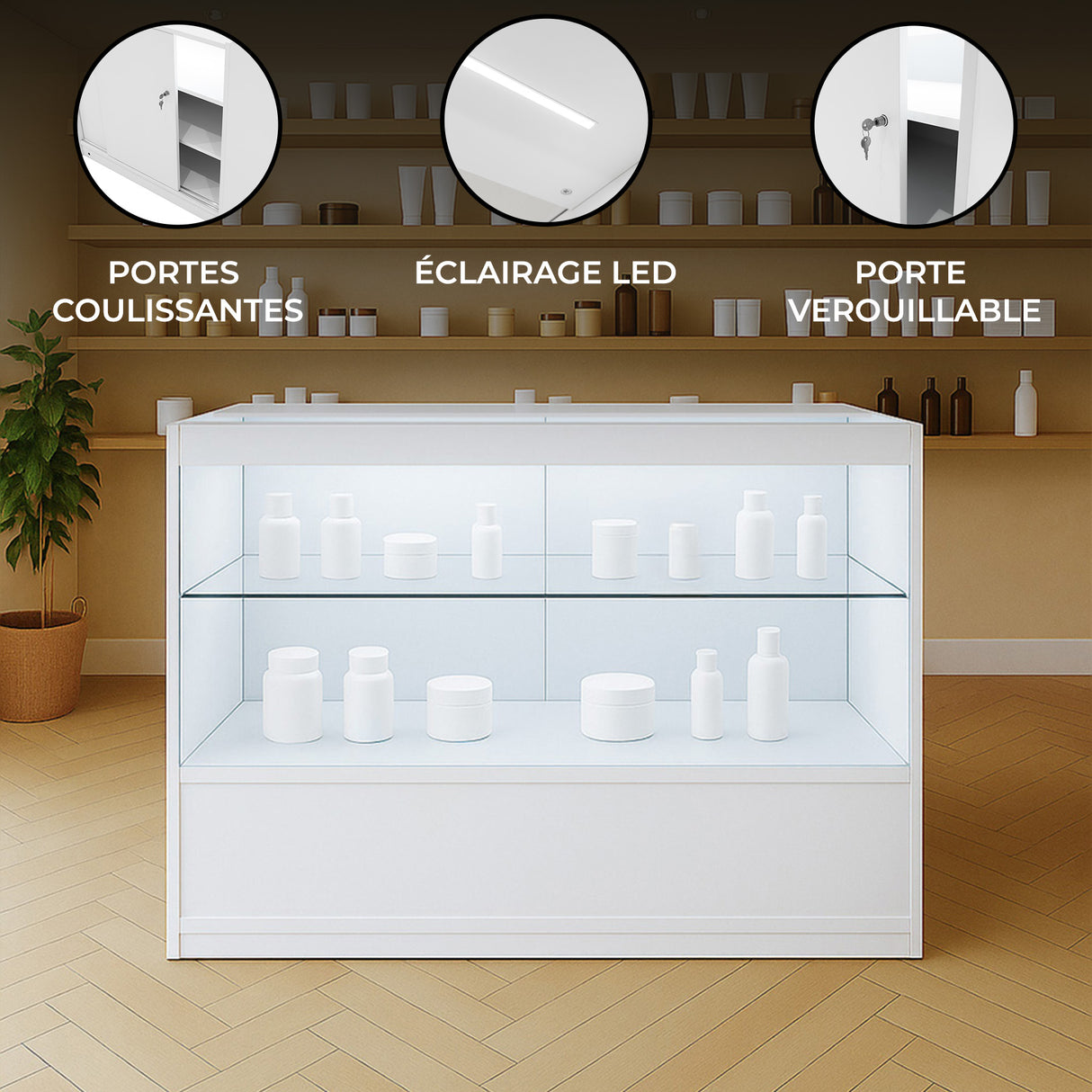 Vitrine à LED blanche avec portes coulissantes, éclairage intérieur, étagères en verre et design moderne, idéale pour exposer des produits