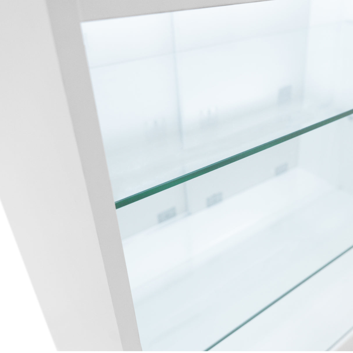 Comptoir de vente à LED blanc K1200 avec étagères en verre transparent, finition lisse et moderne, éclairage intégré lumineux