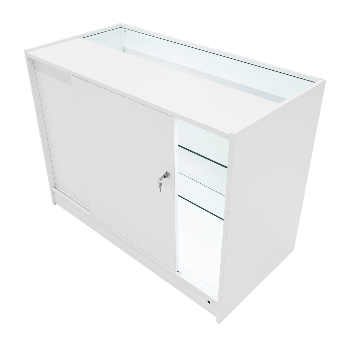 Comptoir de vente à LED blanc K1200, surface lisse, portes coulissantes, éclairage intérieur, design moderne et épuré