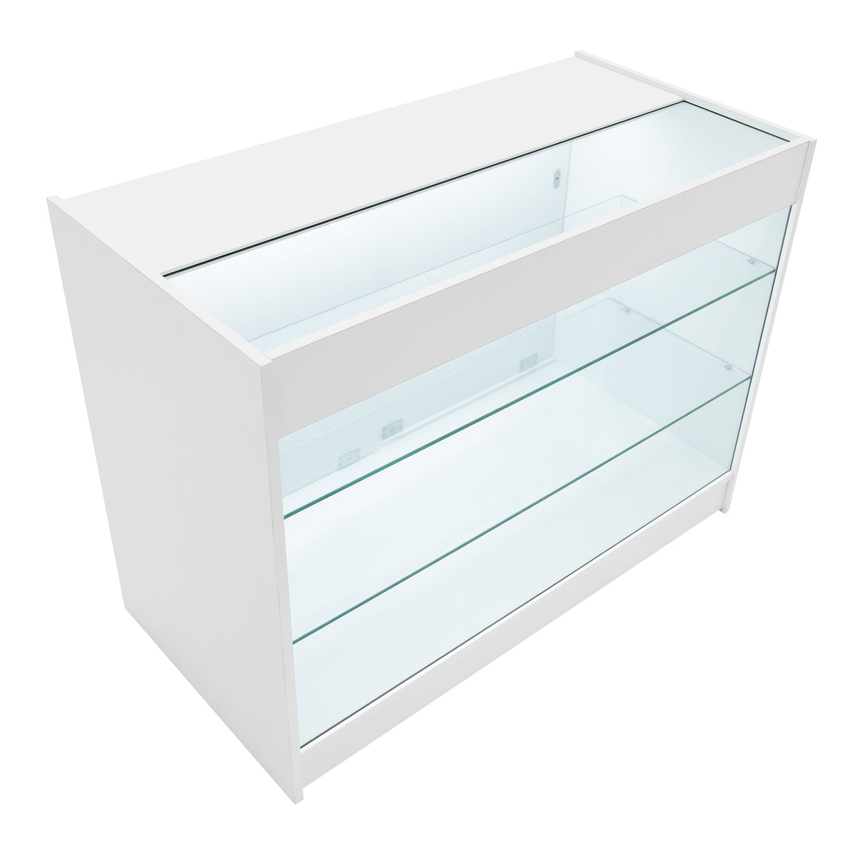 Vitrine de vente à LED blanche, avec étagères en verre transparent, design moderne et épuré, idéale pour exposer des produits