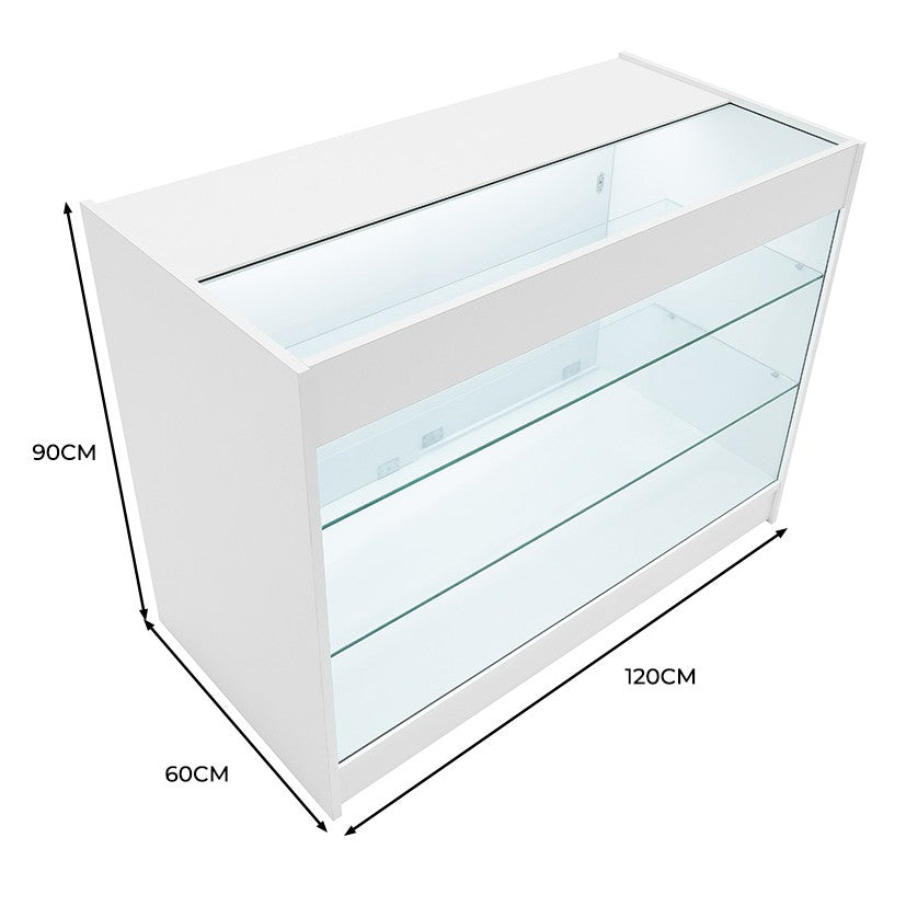Comptoir de vente à LED blanc, dimensions 120 cm x 60 cm x 90 cm, avec étagères en verre transparent et éclairage intégré