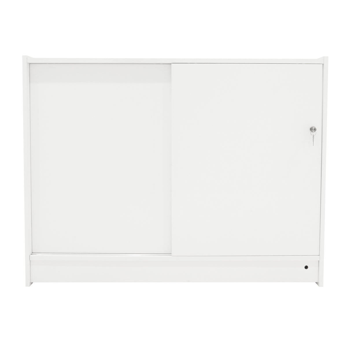 Comptoir de vente à LED blanc K1200 avec finition lisse, portes coulissantes et clé, idéal pour un espace moderne et fonctionnel