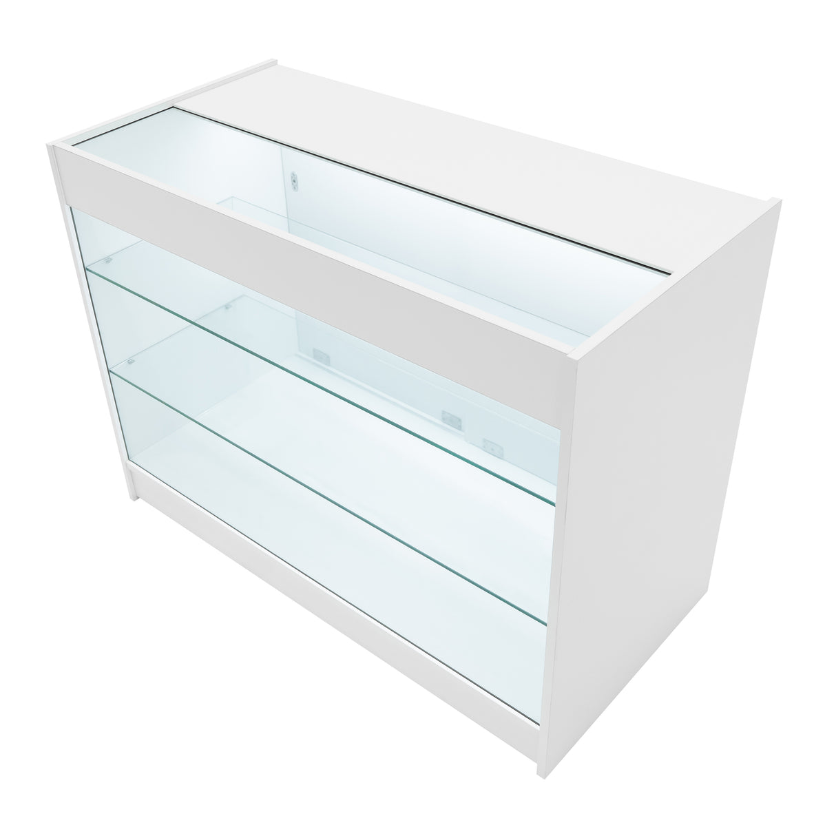 Comptoir de vente à LED blanc K1200, design moderne avec étagères en verre transparent et finition lisse, idéal pour exposer des produits