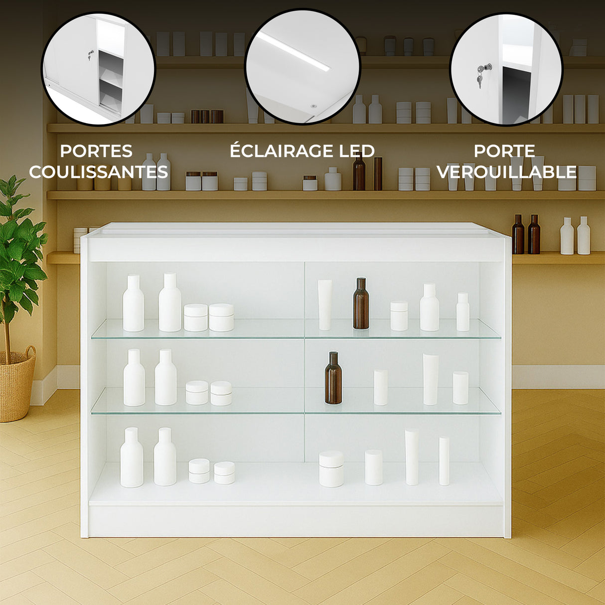 Comptoir de vente blanc K1200 avec éclairage LED, portes coulissantes et étagères en verre, idéal pour exposer des produits