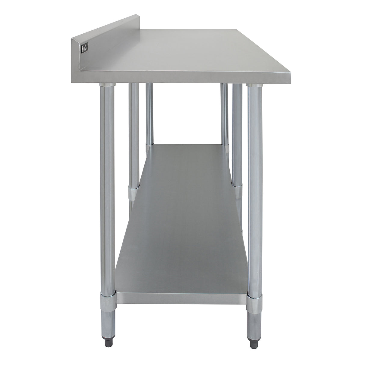 Plan de travail en inox de 210 x 60 x 90 cm avec surface lisse, pieds en acier, et étagère inférieure pour rangement pratique