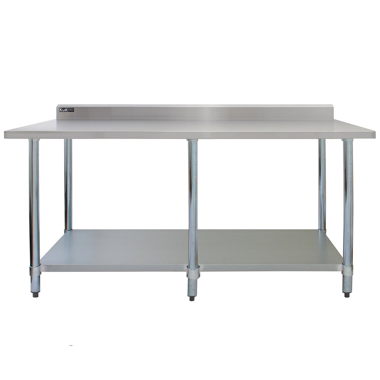 Plan de travail en inox KuKoo, dimensions 210 x 60 x 90 cm, surface lisse et brillante, avec étagère inférieure et pieds en acier inoxydable