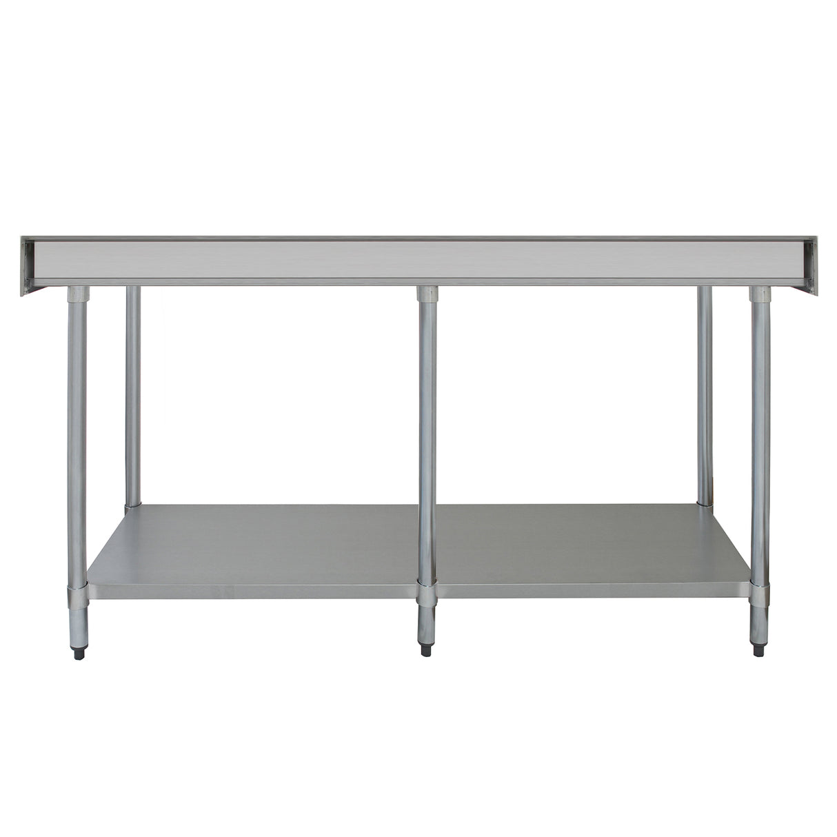Plan de travail en inox argenté, dimensions 210 x 60 x 90 cm, surface lisse, structure robuste avec étagère inférieure ouverte