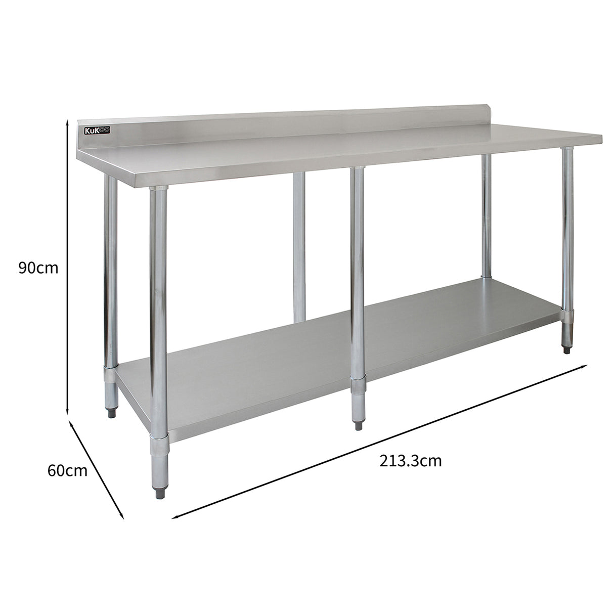 Plan de travail en inox KuKoo, dimensions 210 x 60 x 90 cm, surface lisse, finition brillante, avec étagère inférieure pour rangement