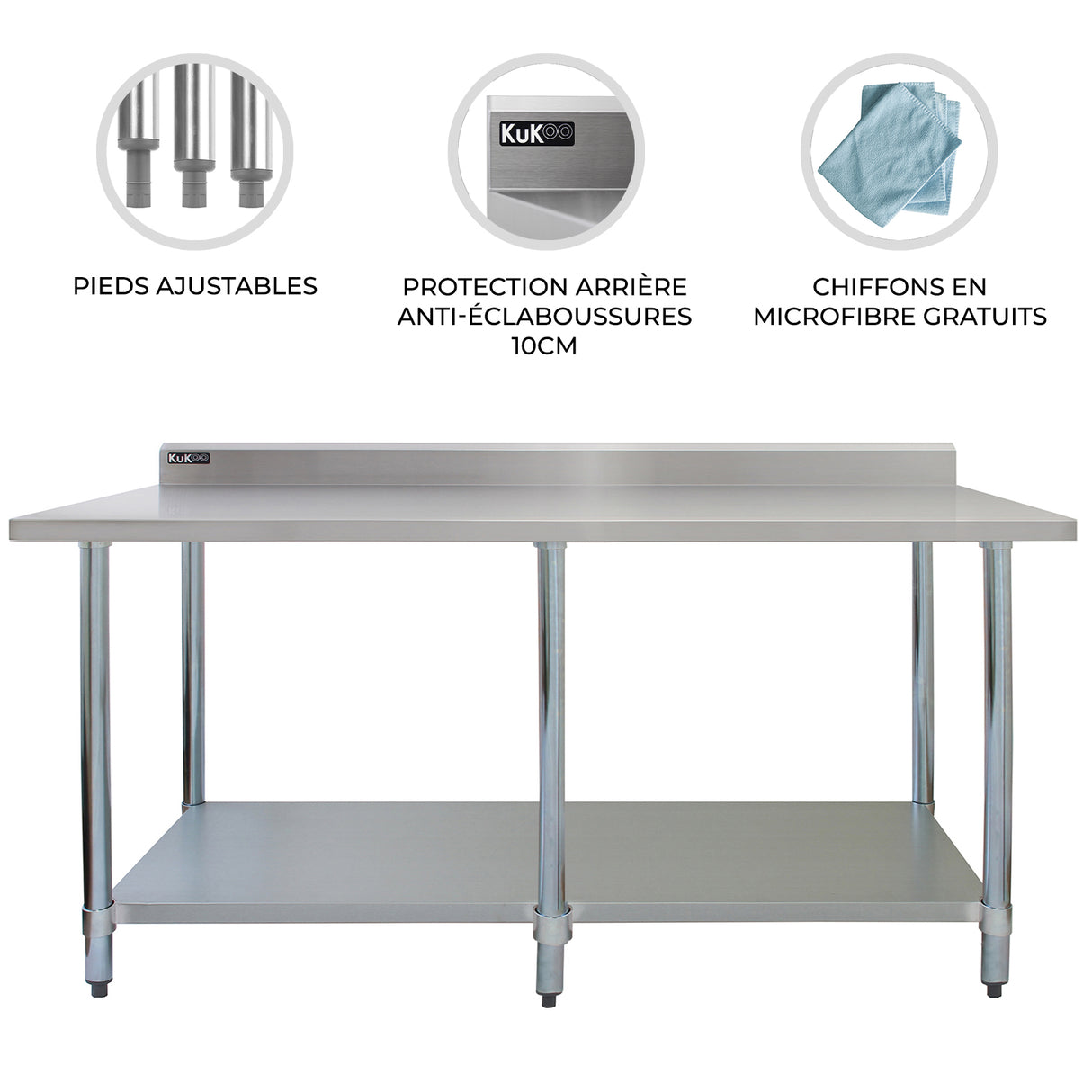 Plan de travail en inox de 210 x 60 x 90 cm avec pieds ajustables, protection arrière anti-éclaboussures et étagère inférieure