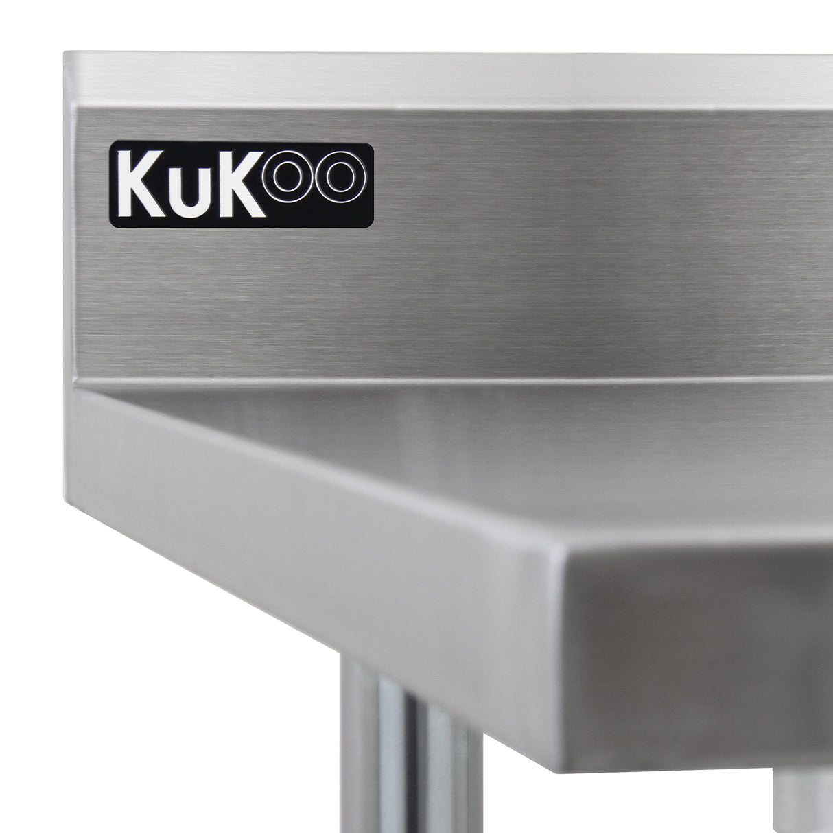 Plan de travail en inox KuKoo, surface lisse et brillante, bords arrondis, dimensions 120 x 60 x 90 cm, idéal pour cuisines professionnelles