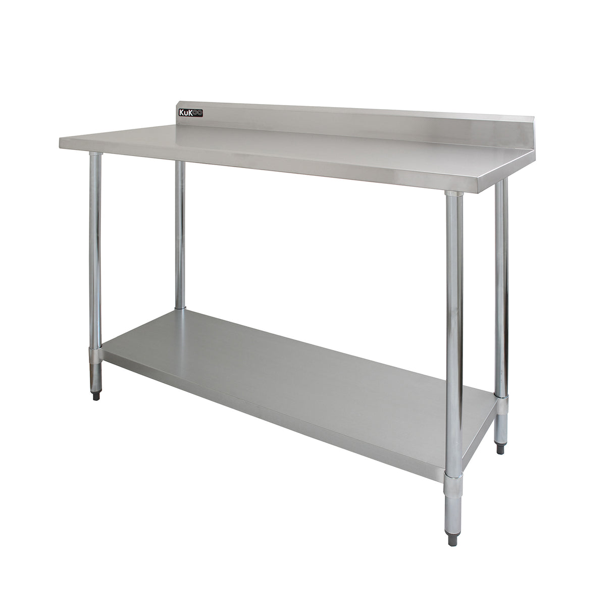 Plan de travail en inox KuKoo, dimensions 120 x 60 x 90 cm, surface lisse et brillante, avec étagère inférieure pour rangement