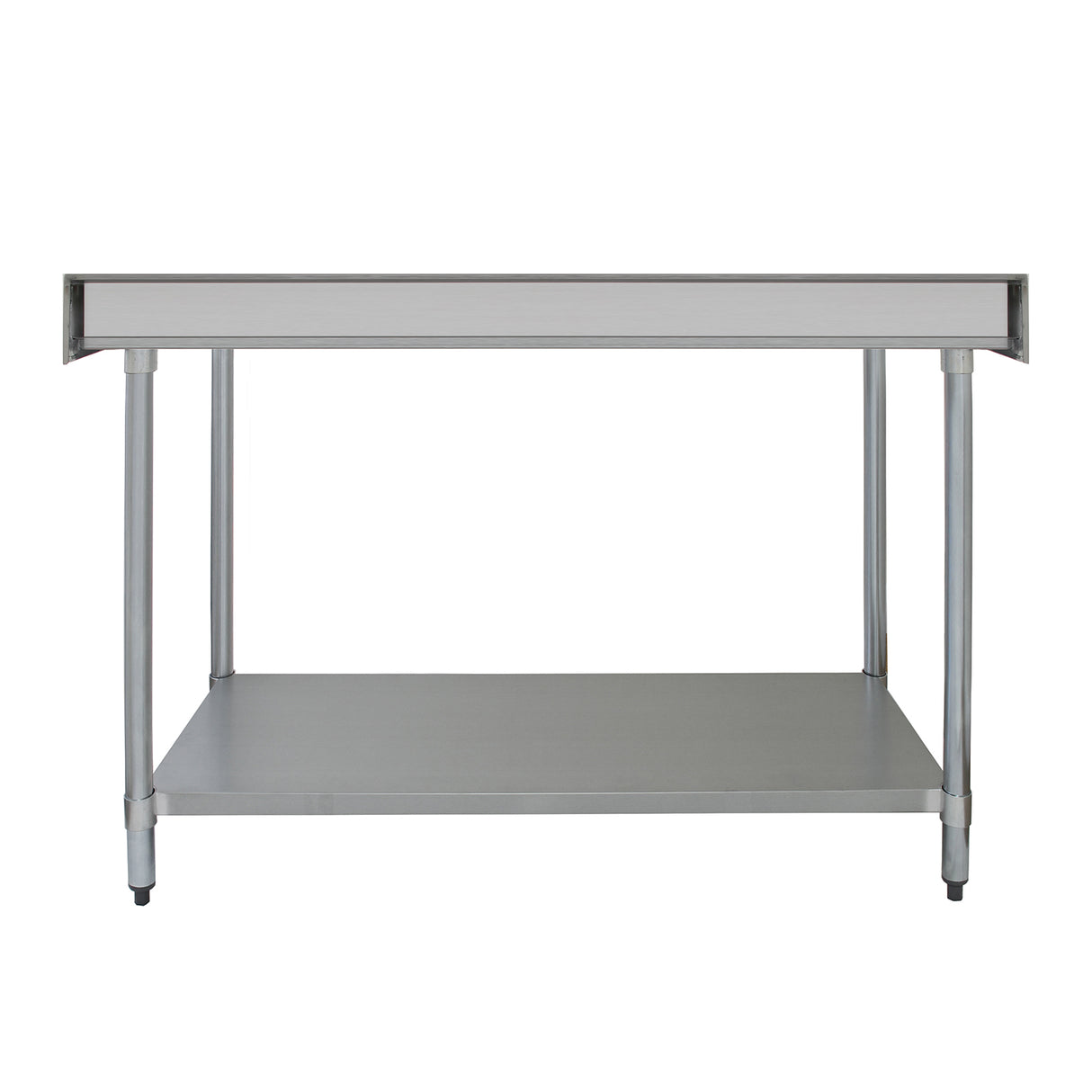 Plan de travail en inox de 120 x 60 x 90 cm, surface lisse et brillante, avec étagère inférieure et pieds robustes en métal argenté