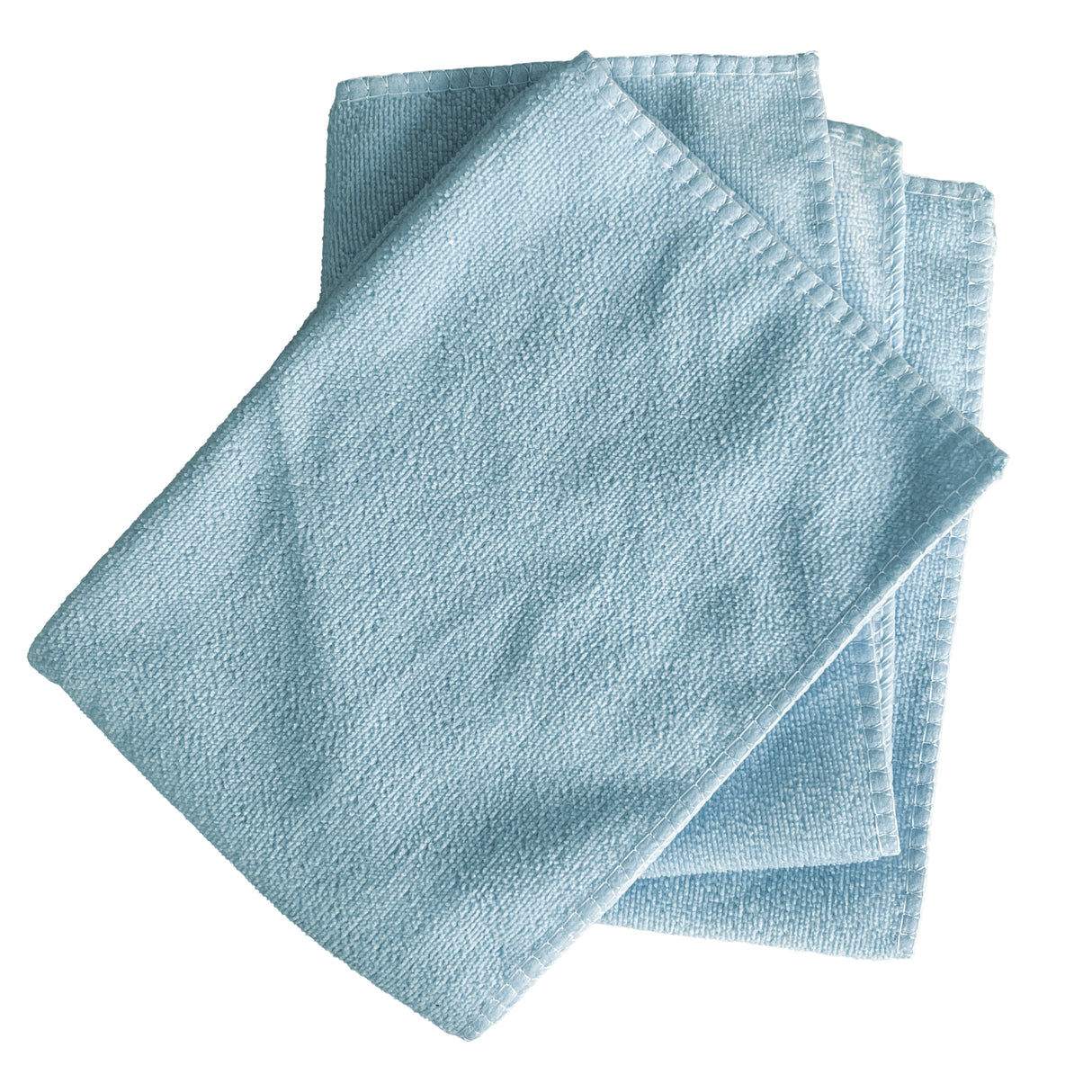 Trois serviettes en microfibre bleues, douces et absorbantes, pliées avec des bords surpiqués, idéales pour le nettoyage et l'entretien