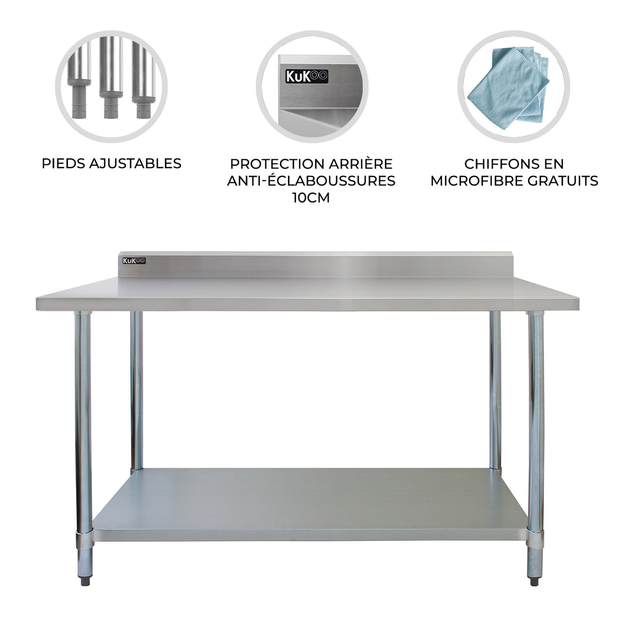 Plan de travail en inox KuKoo, dimensions 120 x 60 x 90 cm, avec pieds ajustables et protection arrière anti-éclaboussures de 10 cm