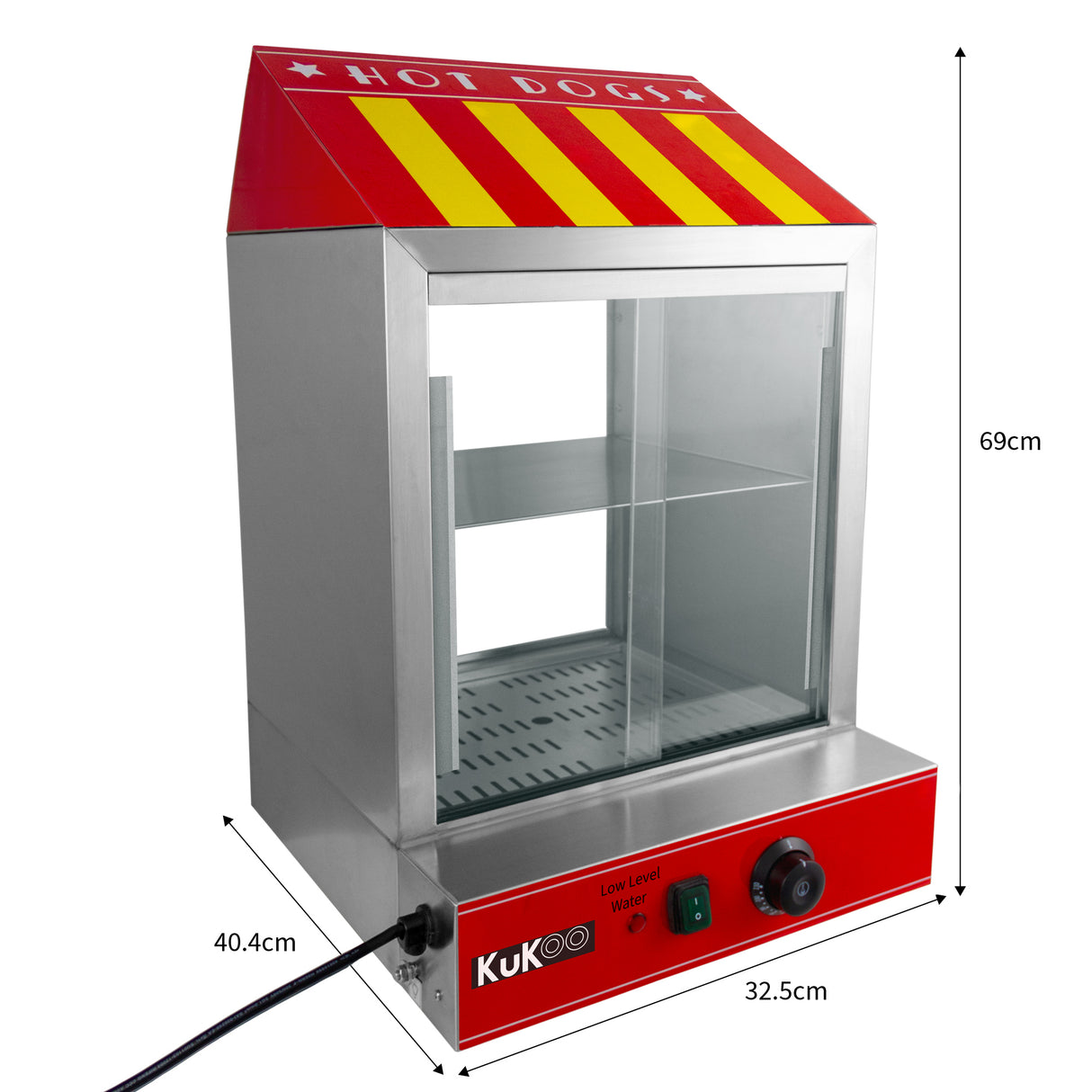 Cuiseur vapeur commercial KuKoo pour hot dogs, en acier inoxydable, avec un couvercle rouge et jaune, dimensions 69 cm x 32,5 cm x 40,4 cm