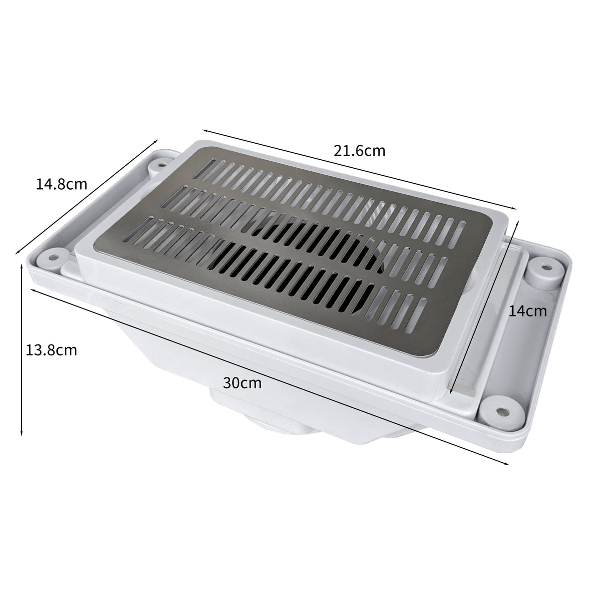 Système de drainage en plastique blanc avec grille en acier inoxydable, dimensions 30 cm x 21,6 cm, conçu pour une table de manucure professionnelle