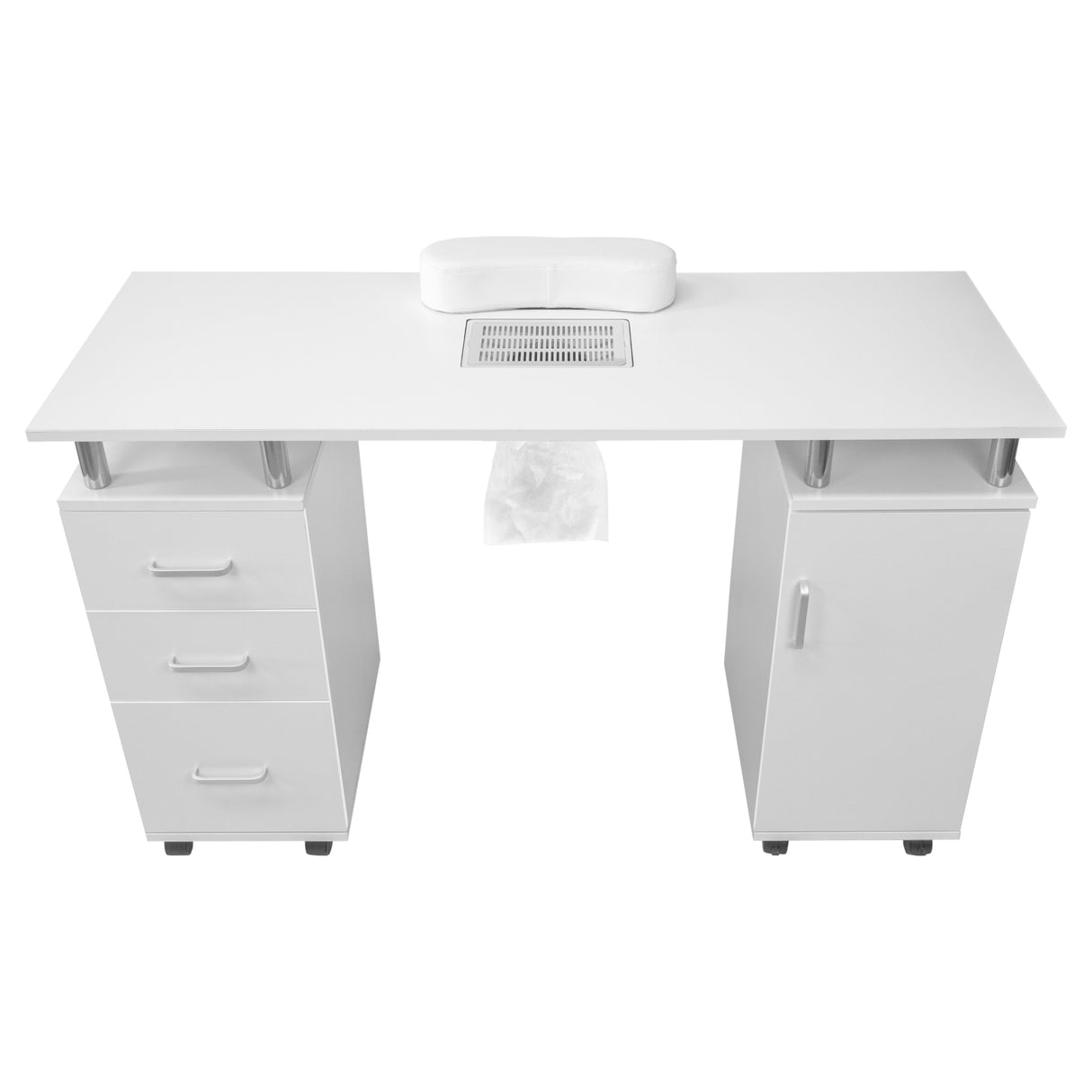 Table de manucure professionnelle blanche avec tiroirs, surface lisse, et extracteur intégré pour un espace de travail élégant et fonctionnel
