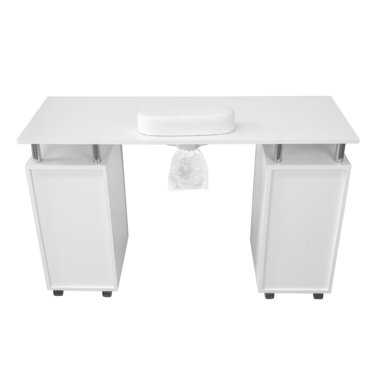 Table de manucure professionnelle blanche avec surface lisse, repose-bras rembourré et deux compartiments de rangement élégants