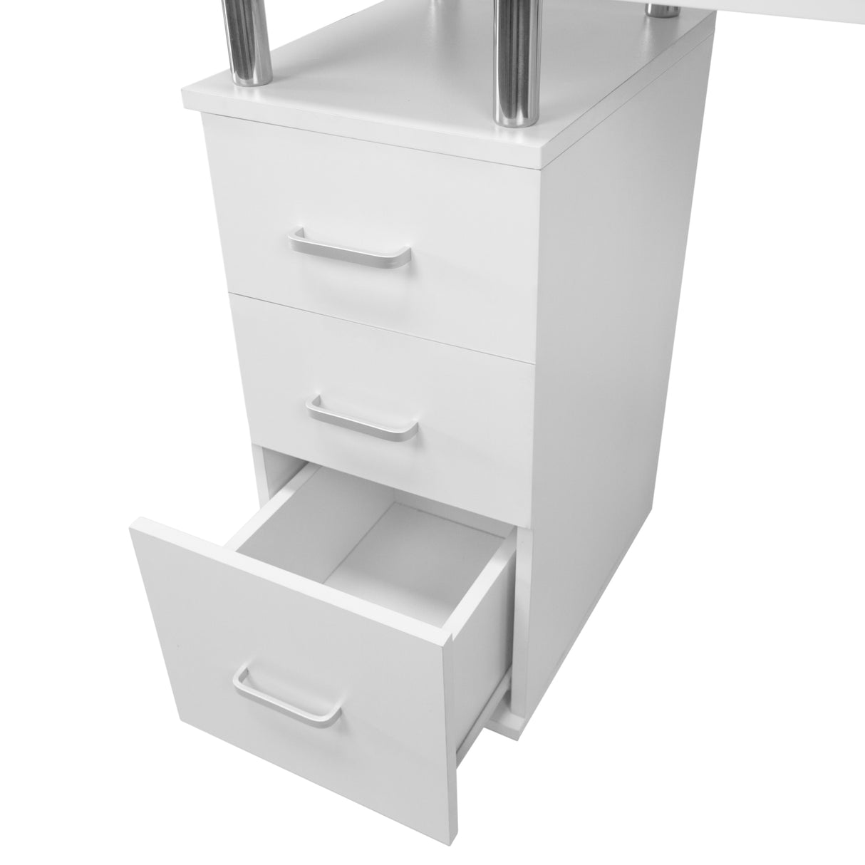 Table de manucure professionnelle blanche avec tiroirs en bois, finition lisse et moderne, idéale pour un espace de travail esthétique et fonctionnel