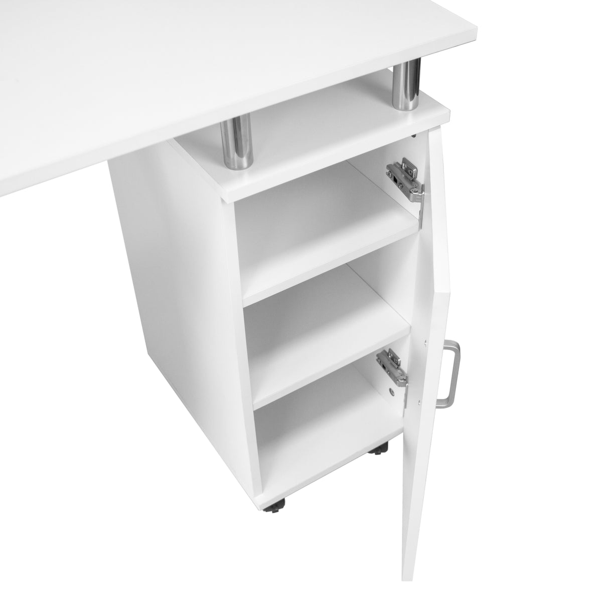 Table de manucure professionnelle blanche avec tiroirs spacieux, finition lisse et pieds en métal chromé, idéale pour un salon de beauté