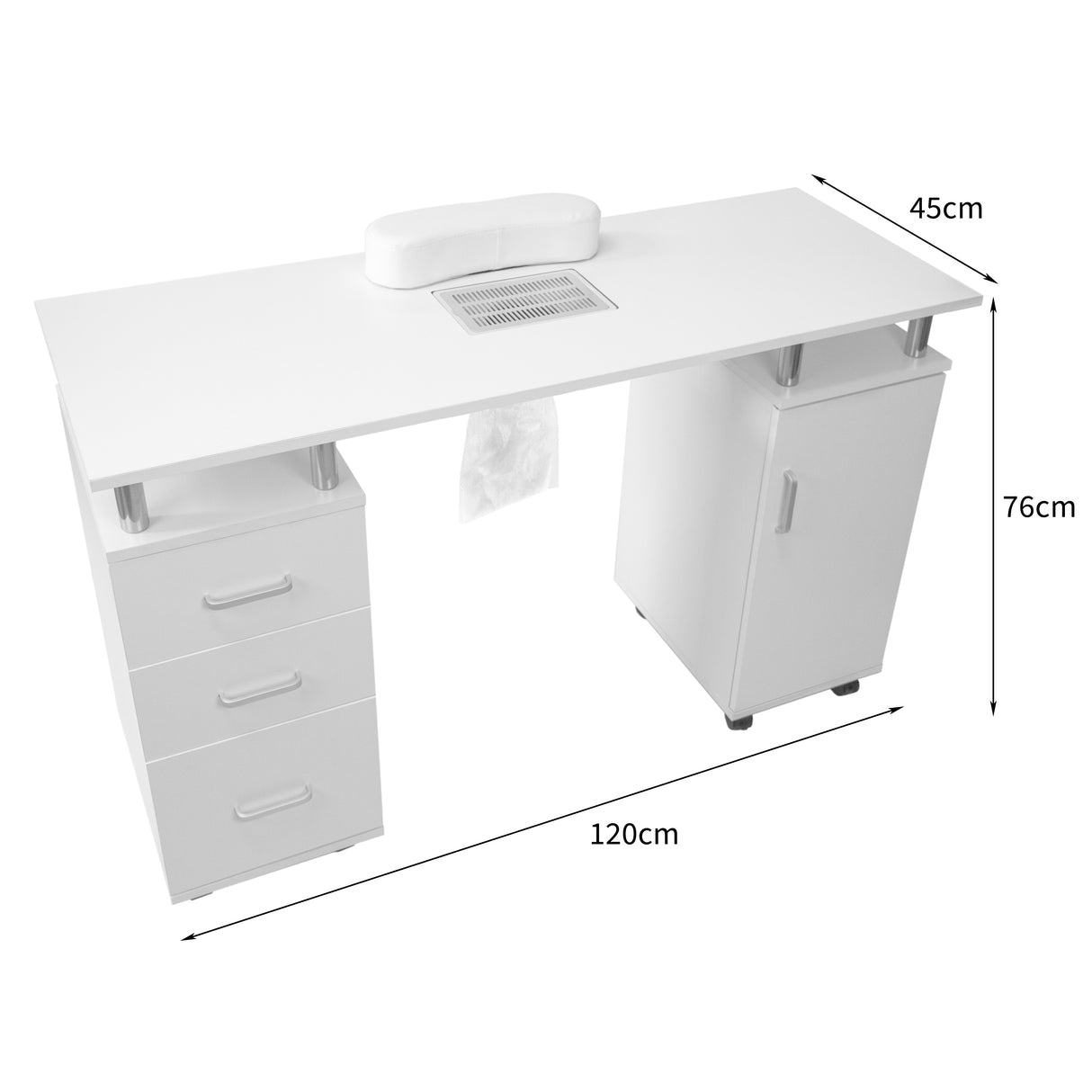 Table de manucure professionnelle blanche avec tiroirs, surface lisse, dimensions 120 cm x 45 cm x 76 cm, design moderne et épuré
