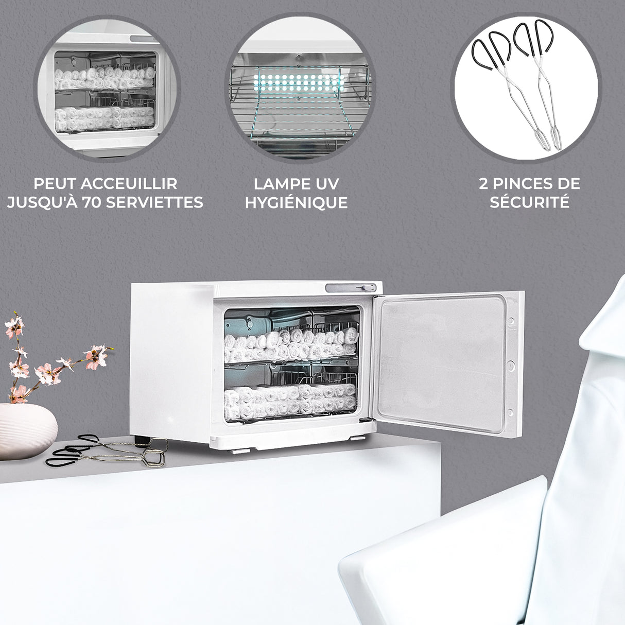 Chauffe-serviettes blanc de 23 L avec porte transparente, capacité de 70 serviettes, lampe UV et deux pinces de sécurité