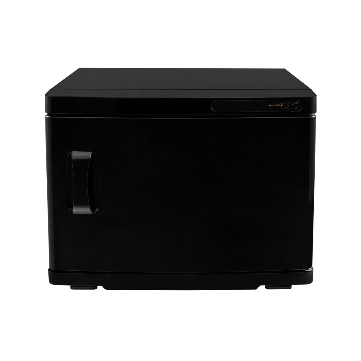 Chauffe-serviettes noir de 23 L, design compact avec une finition lisse, porte avant et poignée ergonomique pour un accès facile