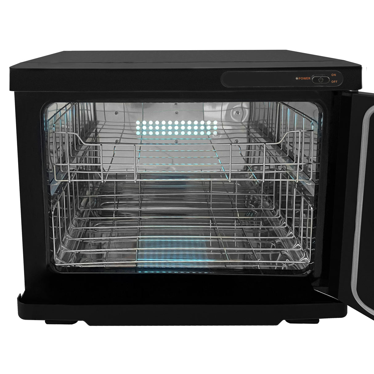 Chauffe-serviettes noir de 23 L avec intérieur en acier inoxydable, grilles en métal et éclairage LED, design moderne et élégant