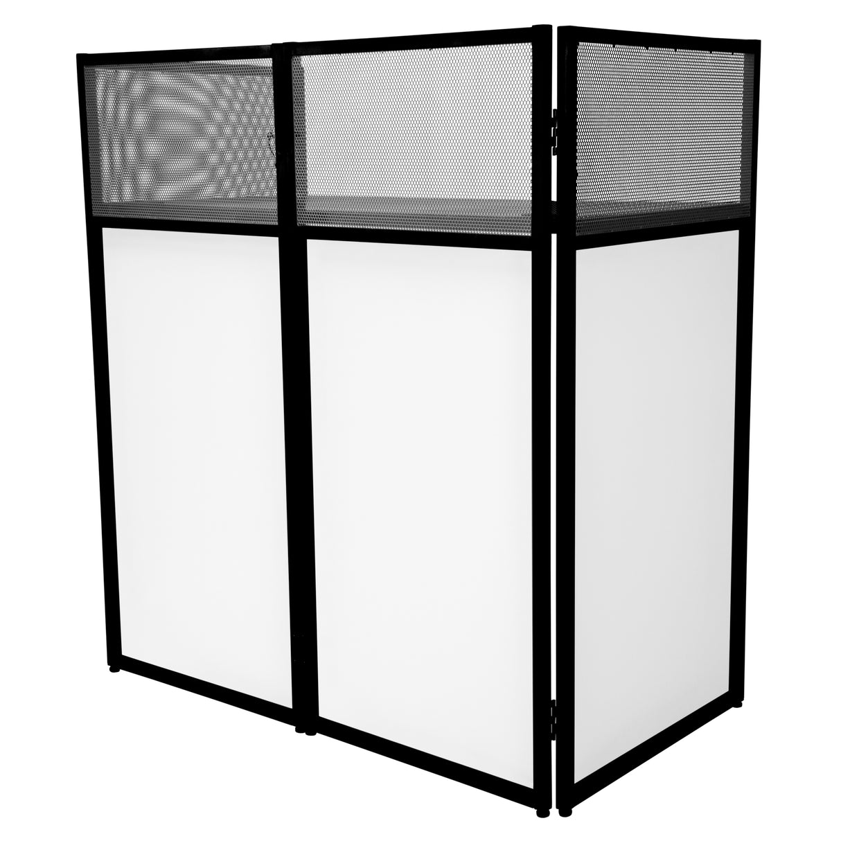 Façade pour stand DJ en métal noir avec panneaux blancs et grille en mesh, offrant une esthétique moderne et professionnelle