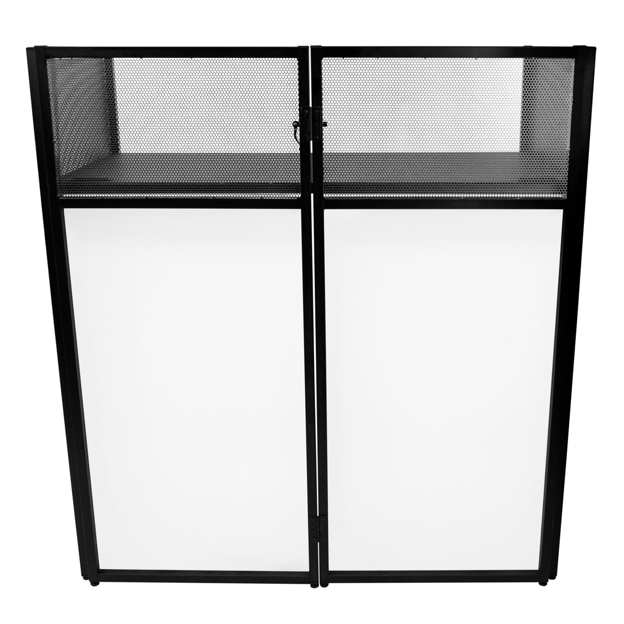 Façade pour stand DJ en métal noir avec grille, surface blanche lisse, design moderne et élégant, idéale pour événements musicaux