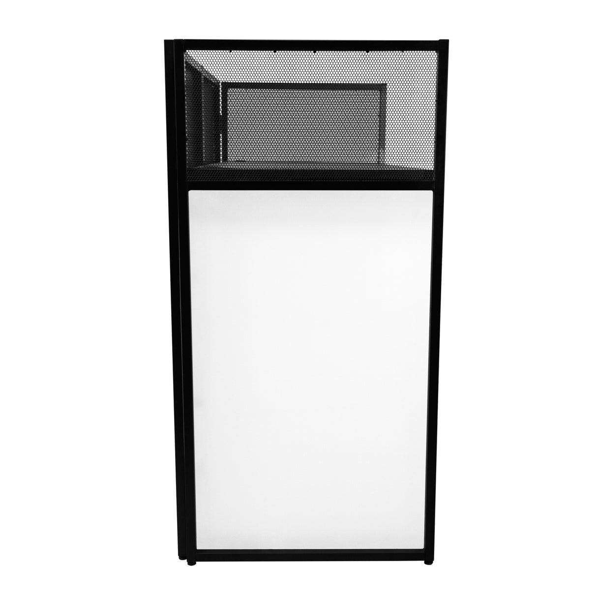Façade pour stand DJ en métal noir avec grille en mesh et panneau blanc lisse, offrant une esthétique moderne et professionnelle