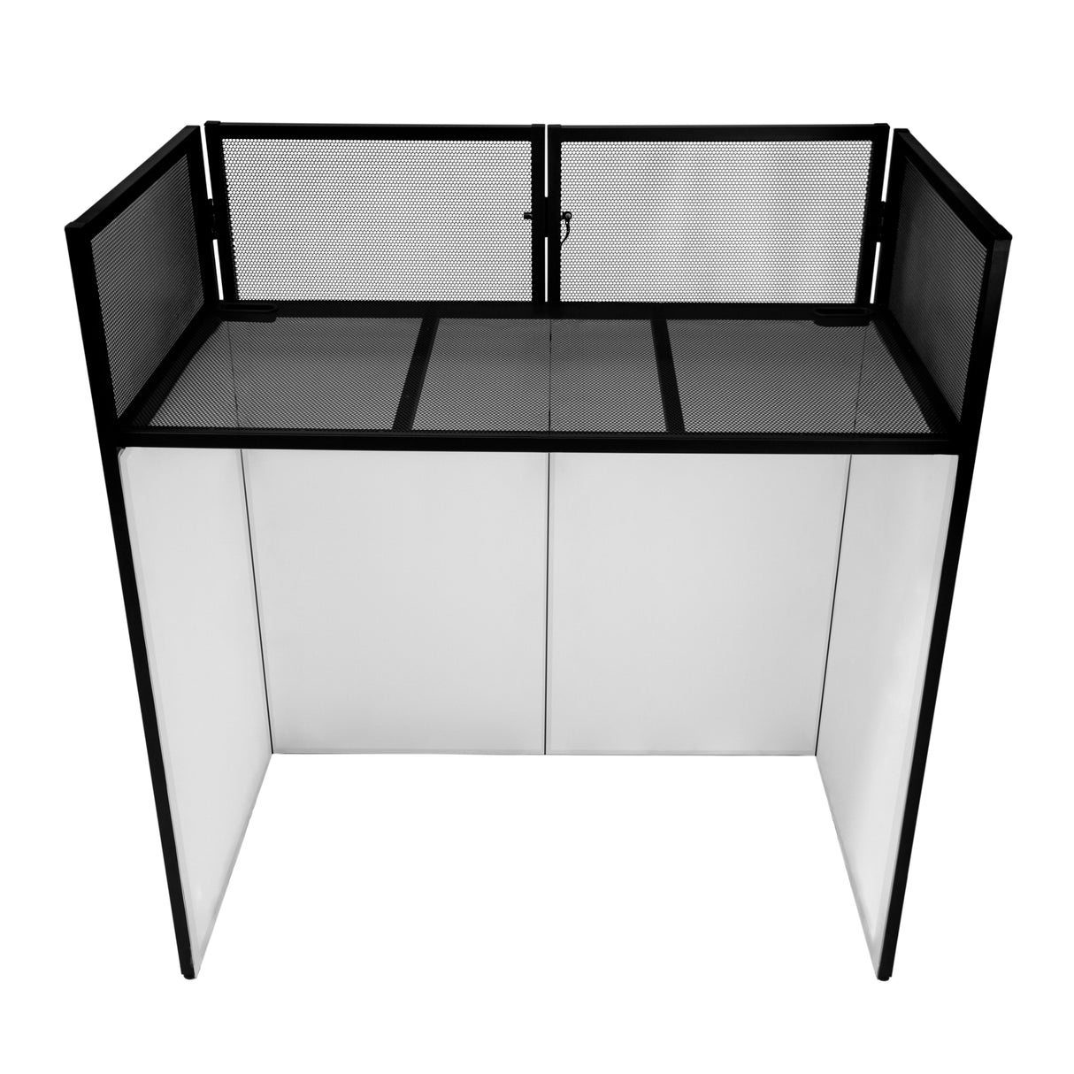 Façade de stand DJ en noir et blanc, avec des panneaux lisses et une grille en métal, offrant un design moderne et élégant